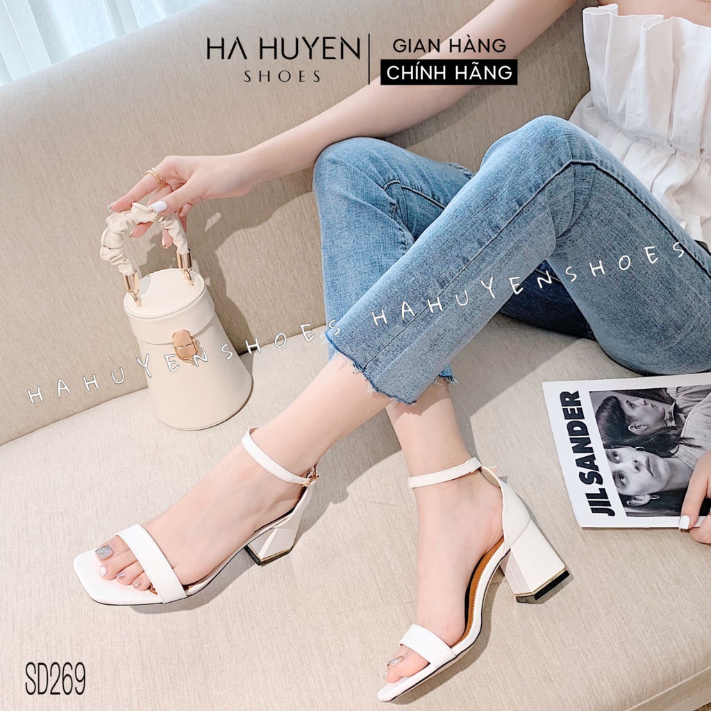 Sandal cao gót nữ Hà Huyền Shoes da quai ngang khóa cài cổ gót vuông viền vàng 5 phân - SD269