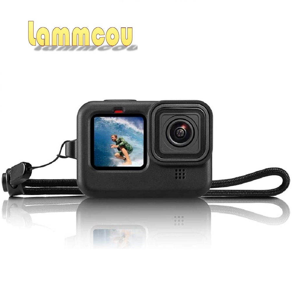 Vỏ bảo vệ silicon Lammcou màu đen có dây buộc và phụ kiện che ống kính dành cho GoPro Hero 10 Hero 9