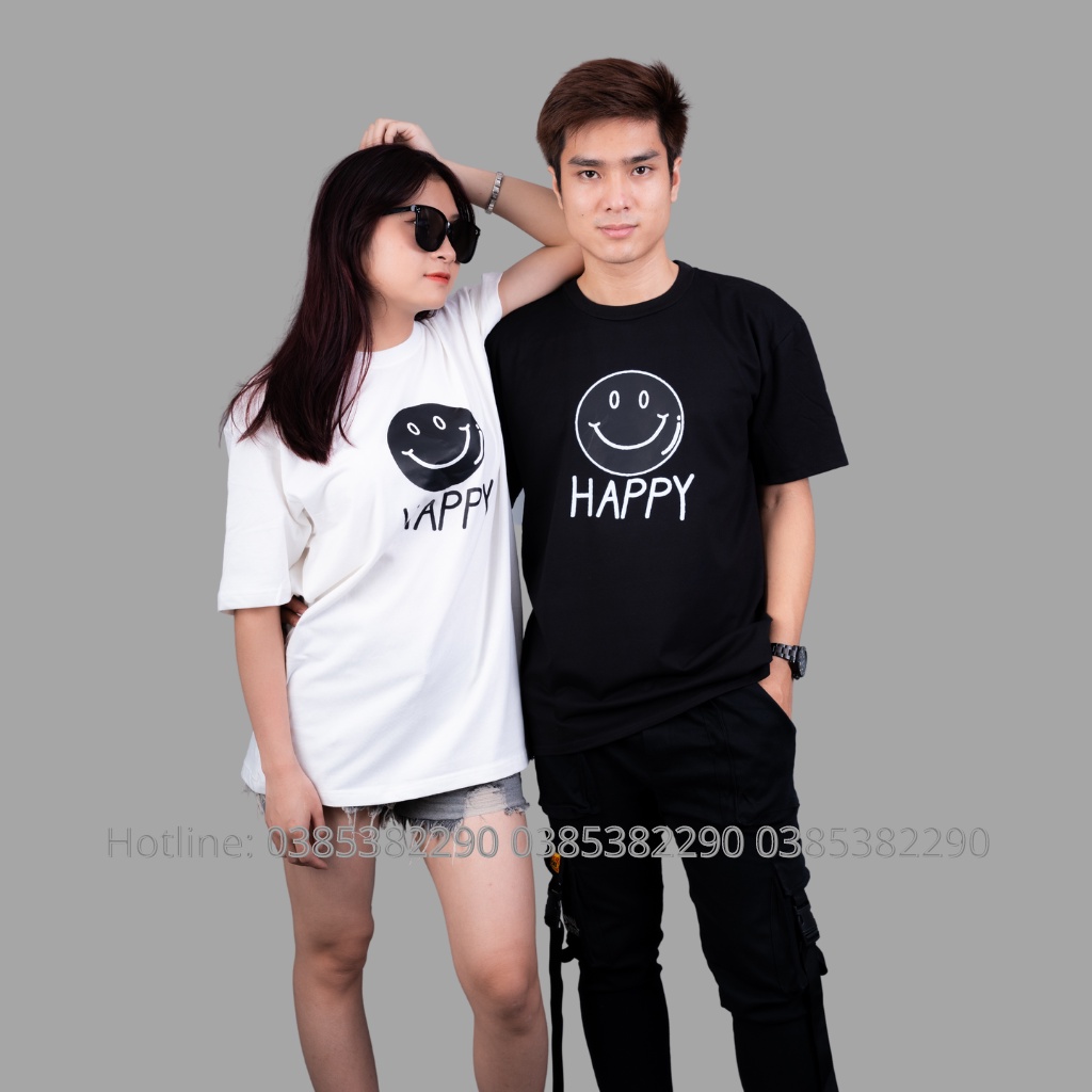 Áo đôi hình mặt cười kèm chữ HAPPY cực dễ thương cho các cặp đôi, áo thun oversize cotton