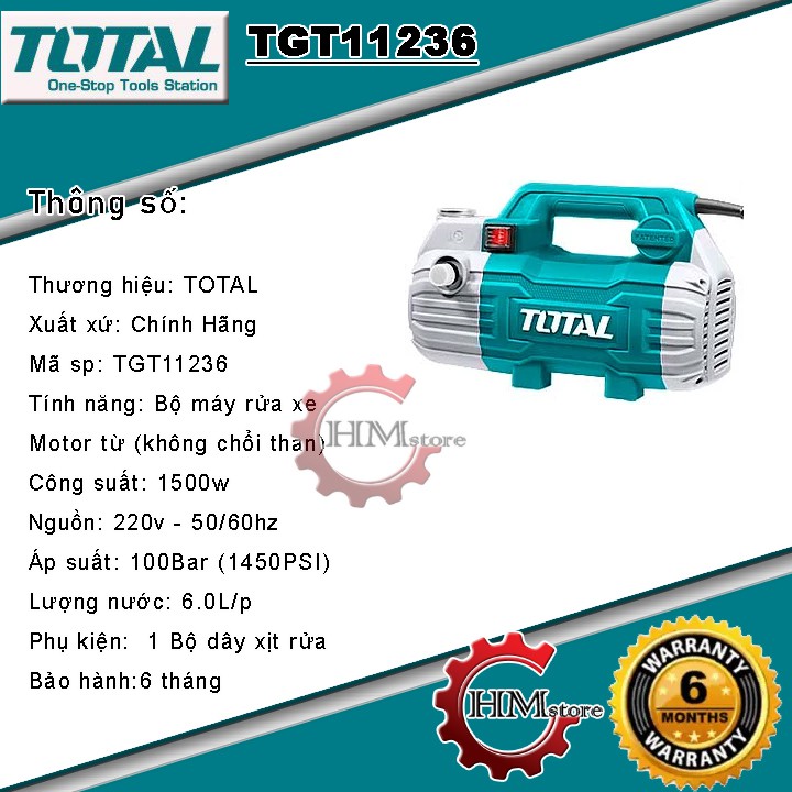 [100% Chính Hãng] Máy rửa xe TOTAL TGT11236 1500w - 6 tháng bảo hành