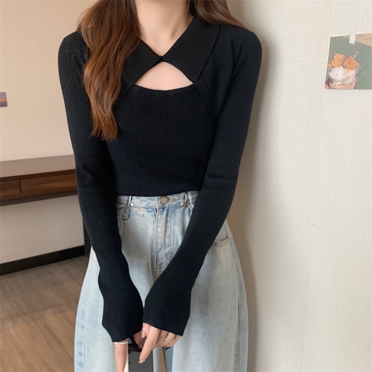 Áo sweater ZHELIHANGFEI tay dài giả hai lớp cổ bẻ ôm dáng thời trang quyến rũ