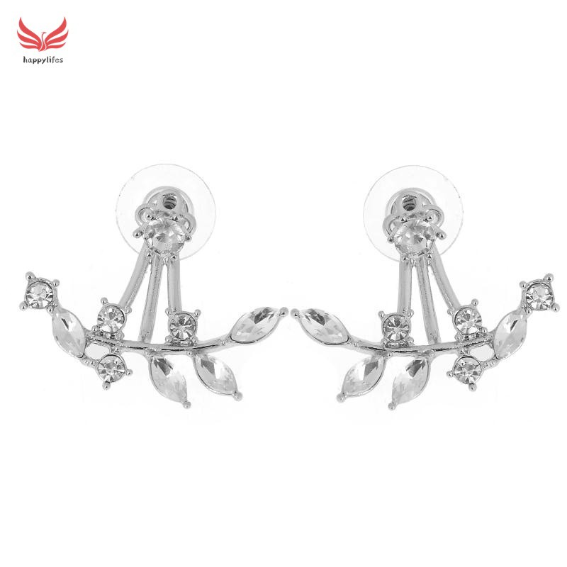 ☪HL♬ Double Sided Swing Stud Earrings Gold Plated Leaf Crystal Ear Jacket Gift Fashion 