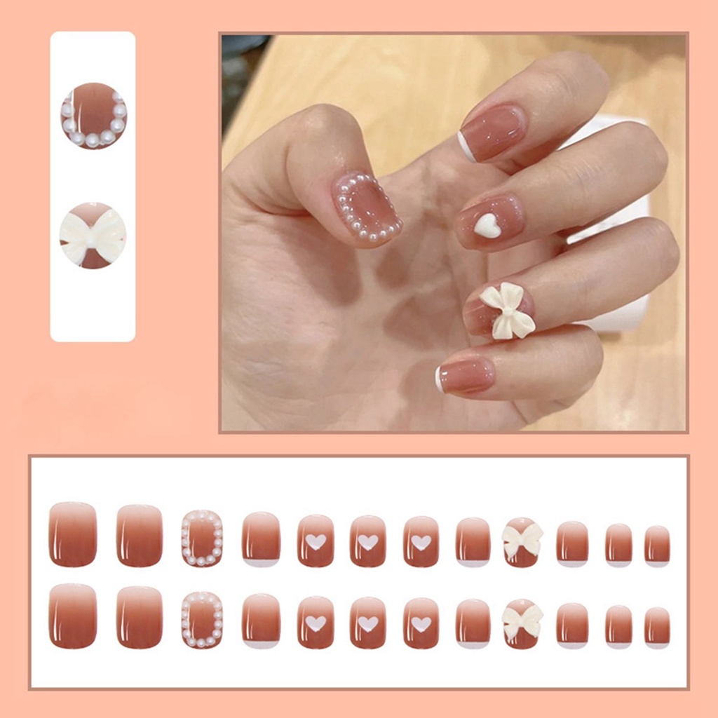 [Hàng mới về] Set 24 móng tay giả đầu tròn/vuông loại ấn che phủ toàn diện họa tiết nơ/trái tim có thể tháo rời