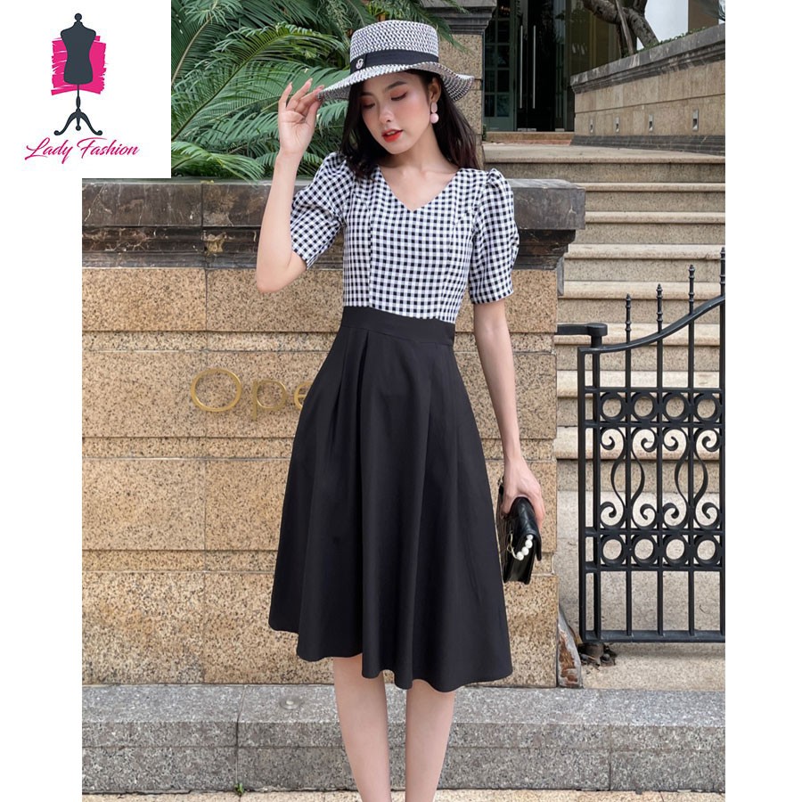 Đầm xòe phối Caro trẻ trung-DAM38