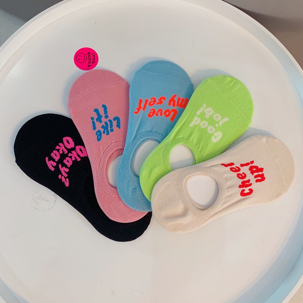 Vớ cotton cổ thấp in chữ màu trơn thoáng khí dễ thương thời trang mùa hè