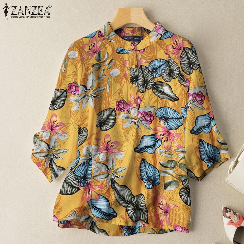 Áo kiểu ZANZEA cổ đứng in họa tiết cây lá nhiệt đới phong cách retro thời trang dành cho nữ