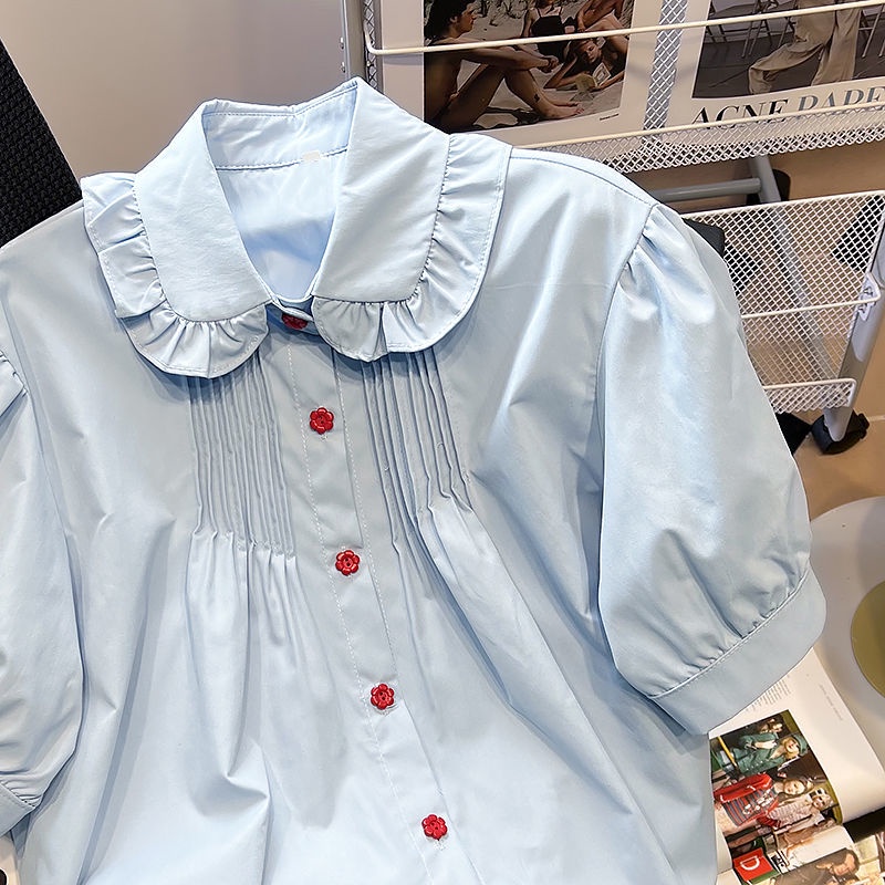 Áo Sơ Mi Tay Ngắn Phồng Cổ Búp Bê Màu Xanh Dương Thời Trang Mùa Hè Cho Nữ