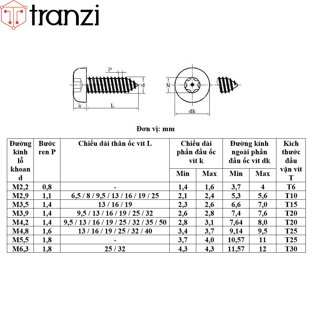 Vít hoa thị 6 cạnh đầu cầu đuôi nhọn ren thô inox 304 có nhân M2,9 M3,5 M3,9 M4,2 M4,8 M6,3