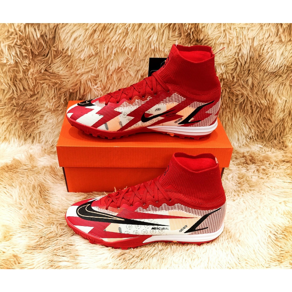 Có khâu đế - Giày đá bóng Mercurial Superfly 8 Academy CR7 TF sân cỏ nhân tạo màu đỏ cổ cao chun