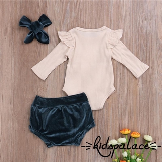 ➤♕❀❤Bộ đồ mùa hè cho bé gái, Áo liền quần dài tay cổ chữ O in hình + Quần short thông thường + Băng đô 3 miếng