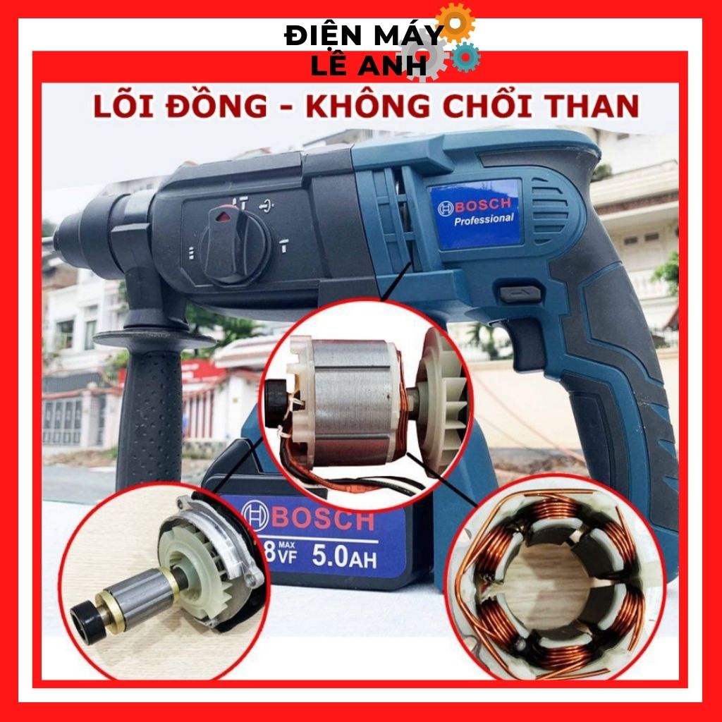 Máy khoan pin BOSCH 118V đục tường bê tông cầm tay 3 Chức Năng chính hãng không chổi than giá rẻ