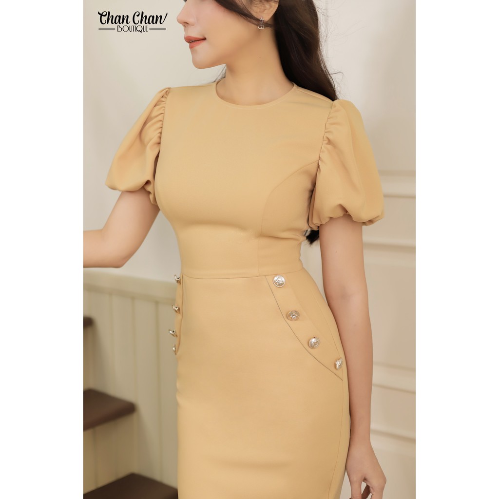 Đầm Nút Túi Vàng Body Ôm Sát 3 Vòng Tay Chun Bồng Kiểu Cách Sang Trọng Quý Phái