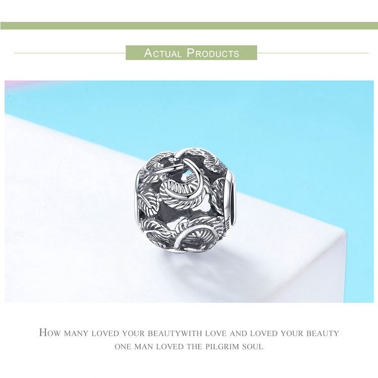 Hạt xỏ vòng tay Bamoer bằng bạc 925 hình tròn họa tiết lông vũ để làm trang sức