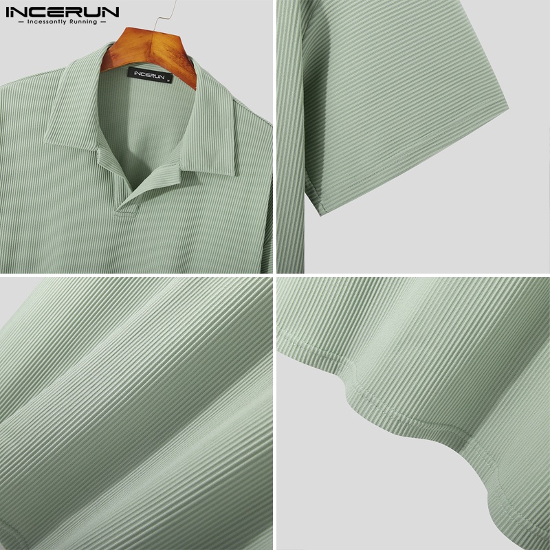 Áo thun polo INCERUN ngắn tay màu trơn họa tiết kẻ sọc thời trang mùa hè cho nam