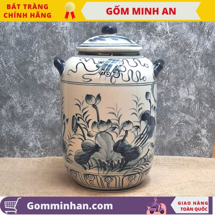 Hũ đựng gạo Chum gạo Bát Tràng vẽ Cá Chép Sen Phú Quý đựng 25kg gạo 30lit gốm Minh An Bát Tràng
