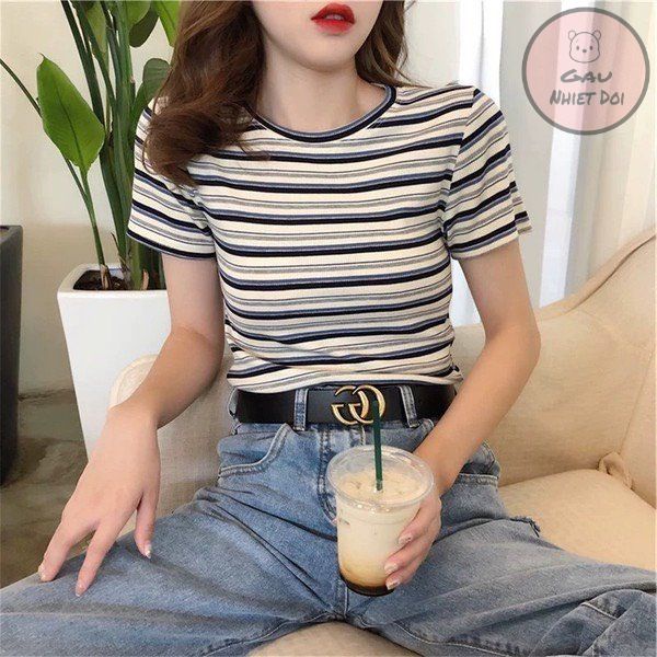 Áo Phông Nữ Kẻ Cộc Tay Cổ Tròn Áo Thun Kẻ Ngang Thời Trang Hè Full 04 Màu Trắng/Xanh/Đỏ/Cam