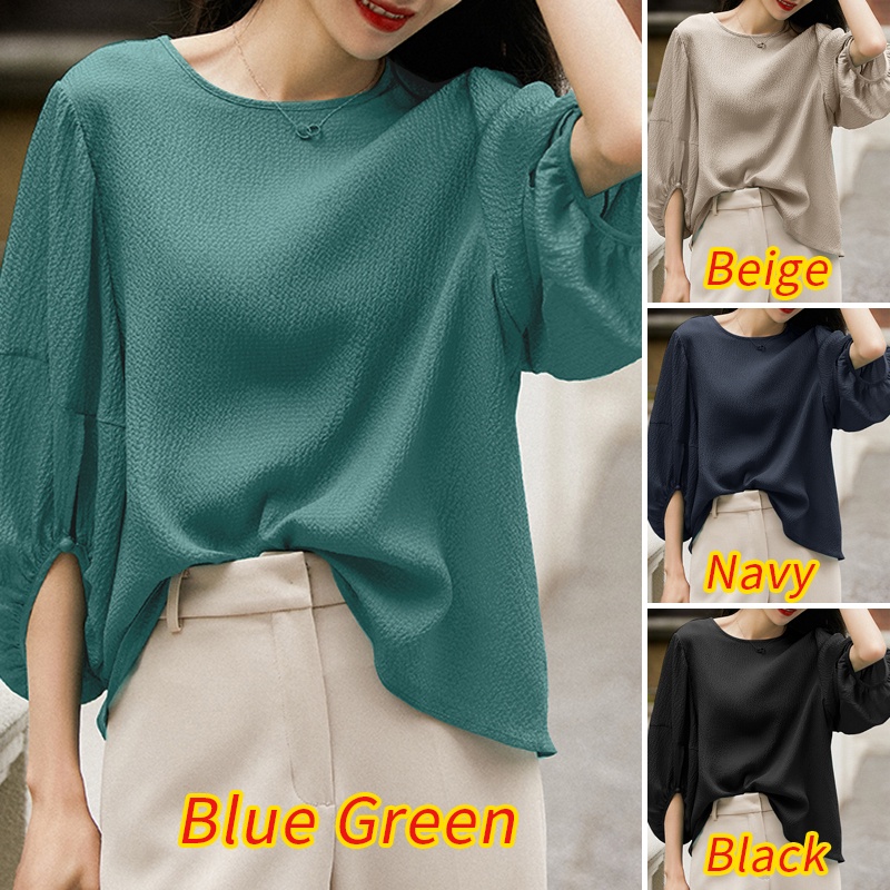 Áo Kiểu Tay Phồng Cổ Tròn 3 / 4 Màu Trơn Thời Trang Cho Nữ ZANZEA