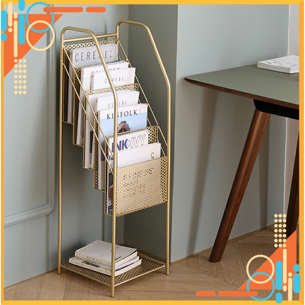 Kệ sách đứng, Giá để sách báo tạp chí 5 tầng bằng kim loại cao cấp trang trí phòng khách, sảnh quầy spa