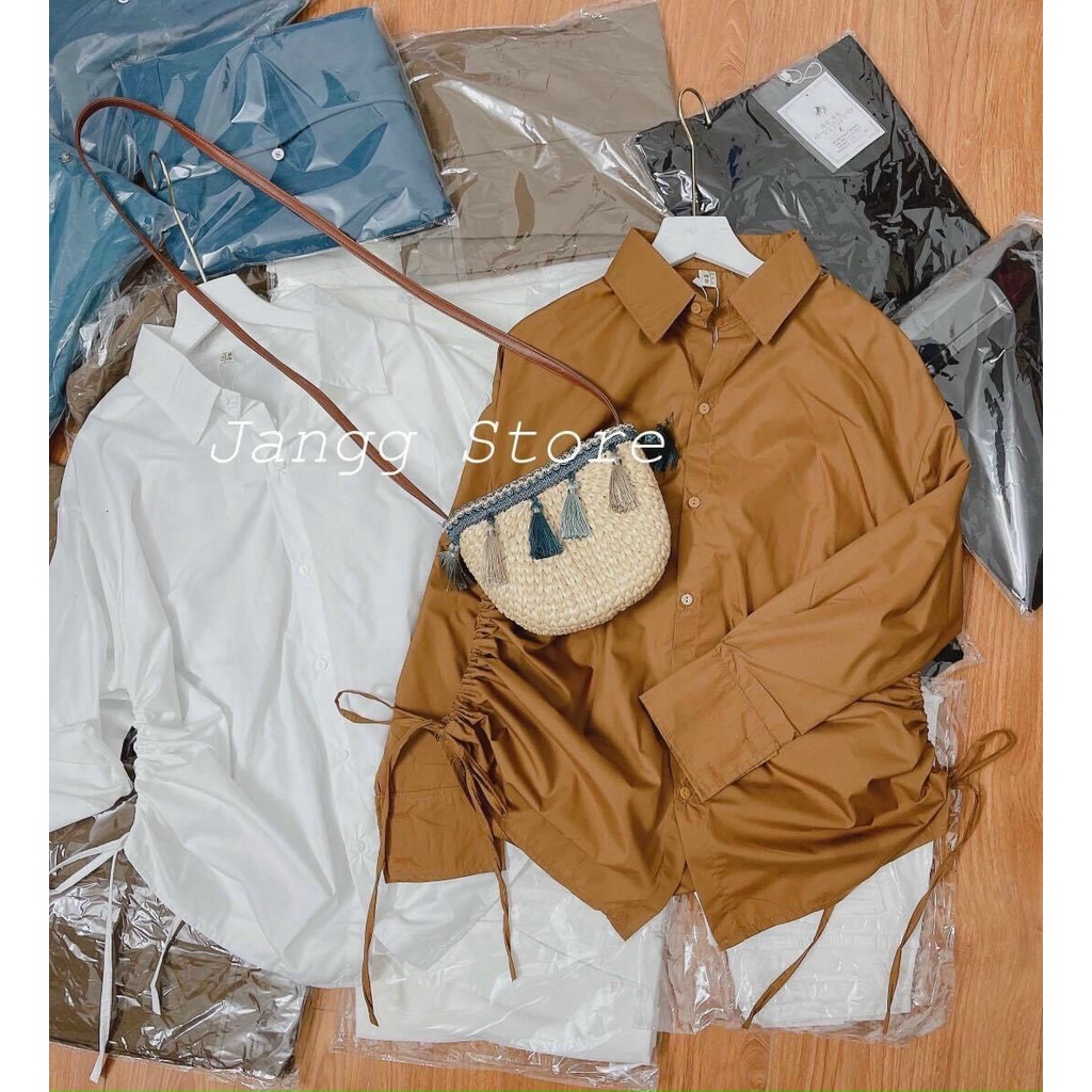 ( MIỄN PHÍ SHIP 2022) Áo sơ mi nữ trơn màu basic, sơ mi from rộng rút dây hông tay dài đi học đi làm xinh xắn