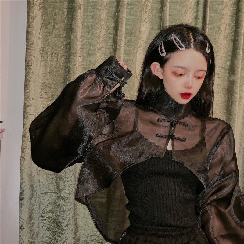 Ins thin-style net yarn perspective outer mask blouse women show thin sunscreen buckle blouse long-sleeved casual coat trend