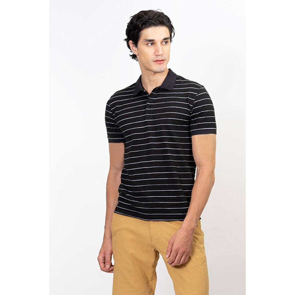 Áo polo nam Novelty màu đen sọc trắng 191238N