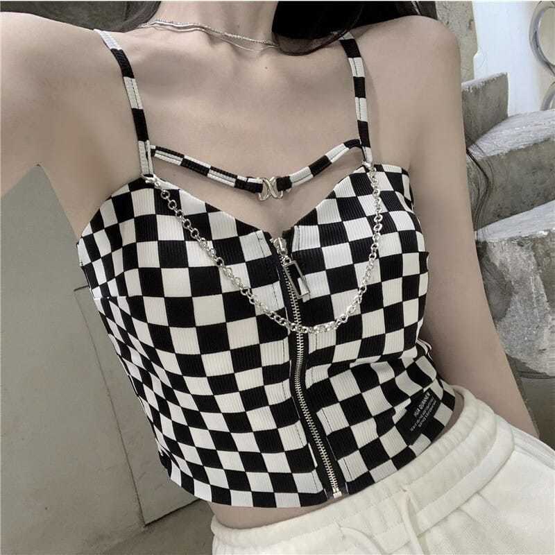 Jiashucheng Áo Yếm Ngắn Hai Dây Ôm Dáng Họa Tiết Kẻ Caro Phối Khóa Kéo Ngoài Dễ Phối Đồ Thời Trang Mùa Hè Cho Nữ Cha
