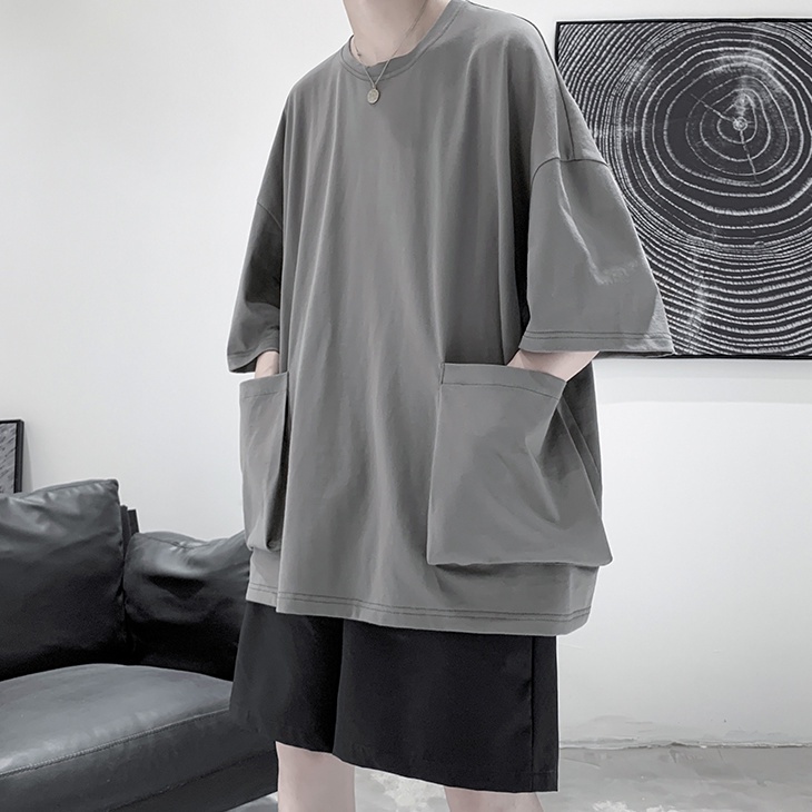 Áo Thun Cotton Ngắn Tay Dáng Rộng Phối Túi Thời Trang Mùa Hè Hàn Quốc Dành Cho Nam