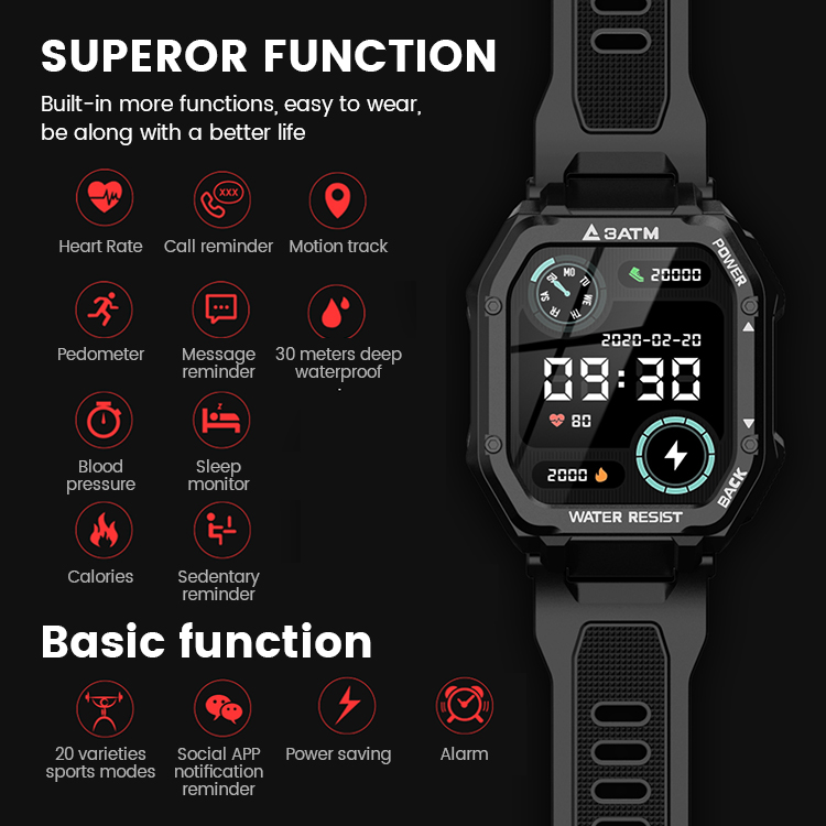 TODEX NEW C16 Outdoor Smart Watch 1.7 inch Square Screen 3ATM Waterproof Long Standby Watches