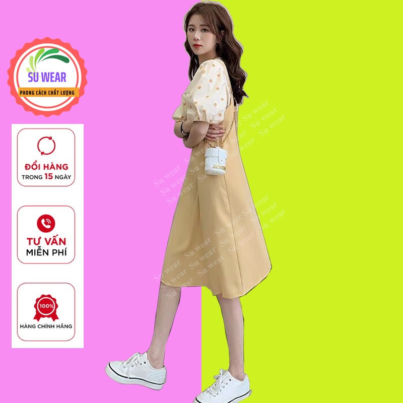 Váy Tiểu Thư 2 dây - Đầm yếm chấm bi Bánh Bèo Màu vàng chất cotton đi chơi, ăn tiệc, đi dạo | BigBuy360 - bigbuy360.vn