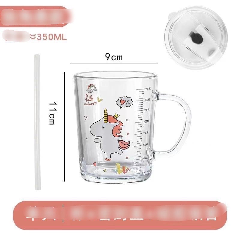Ly thủy tinh pha sữa - có vạch đo thể tích 350ml, có nắp đậy, ống hút silicon đi kèm- tặng kèm thìa khuấy sữa