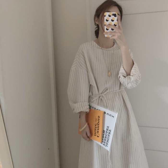 Váy dáng dài mùa thu kẻ sọc Style Hàn Quốc nhẹ nhàng 2019 (ORDER)