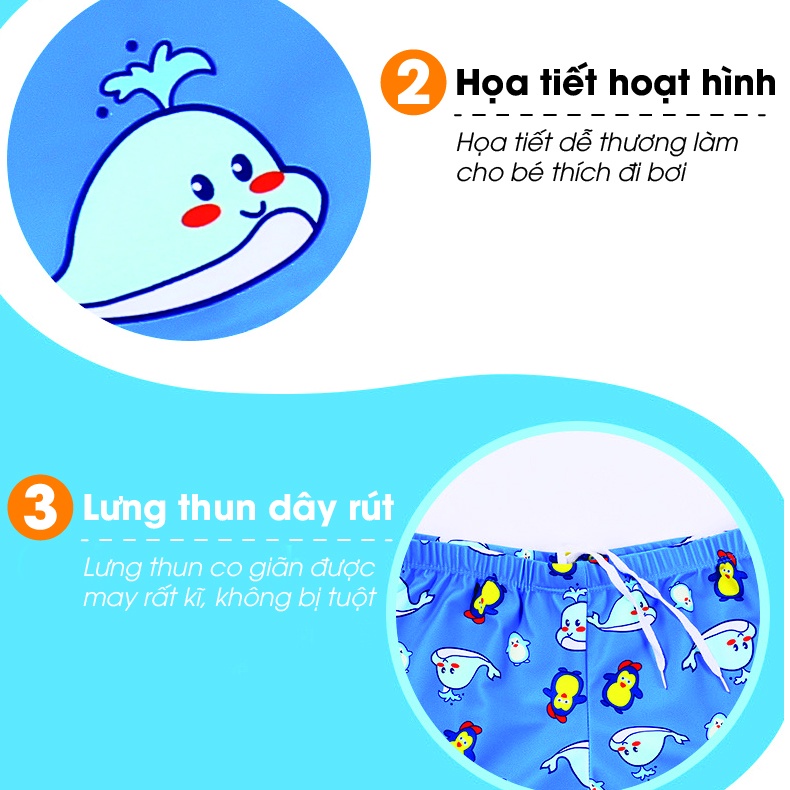Quần bơi kèm nón trẻ em cho bé trai co giãn 4 chiều thoáng mát họa tiết xe hơi khủng long mã S14
