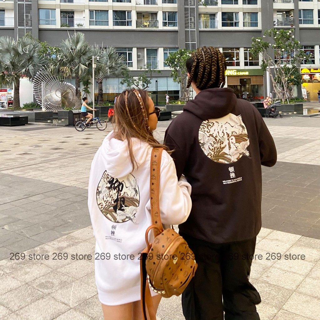 Áo Hoodie oversized unisex form rộng nam nữ hoạ tiết Hạc Trắng in chuyển nhiệt, chất nỉ bông dày dặn