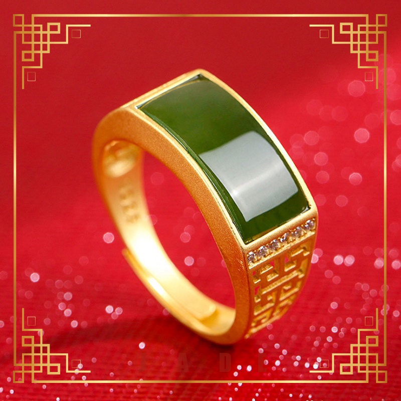 Nhẫn Bạc S925 Mặt Đá Ngọc Bích Hình Vuông Màu Xanh Lá Phong Cách Vintage Có Thể Điều Chỉnh Kích Cỡ