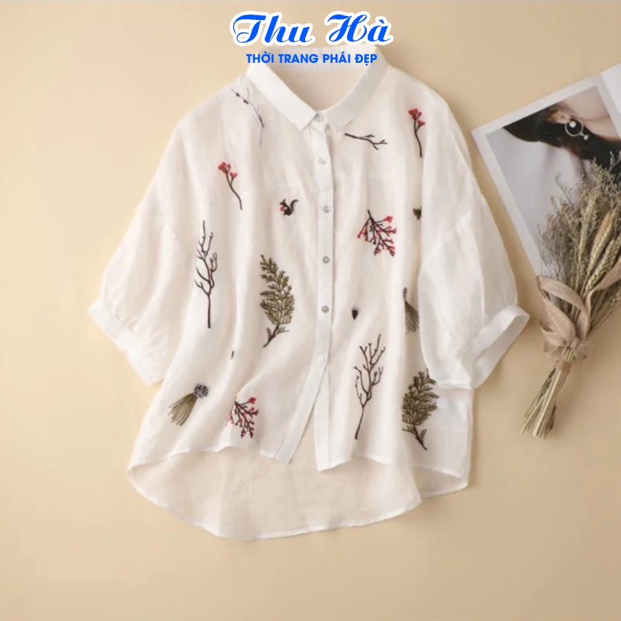 Áo sơ mi đũi nữ cổ đức tay lỡ Thu Hà họa tiết thêu hoa tinh tế chất liệu mềm mát co giãn nhẹ form vừa xinh SMH.55