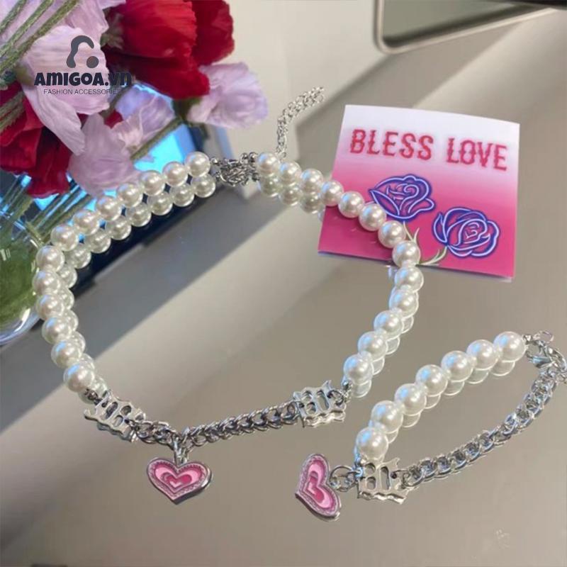 ✨✨Vòng Tay/Vòng Cổ Đính Hạt Ngọc Trai Trái Tim Màu Hồng Phong Cách Hàn Quốc Cổ Điển Thời Trang Cho Nữ