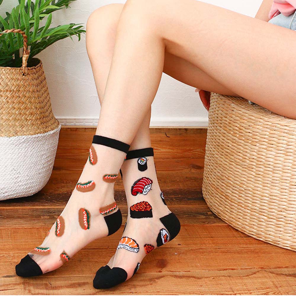 Vớ ống mỏng trong suốt in họa tiết hoạt hình bằng sợi thủy tinh acrylic co giãn thời trang mùa hè Hàn Quốc cho nữ