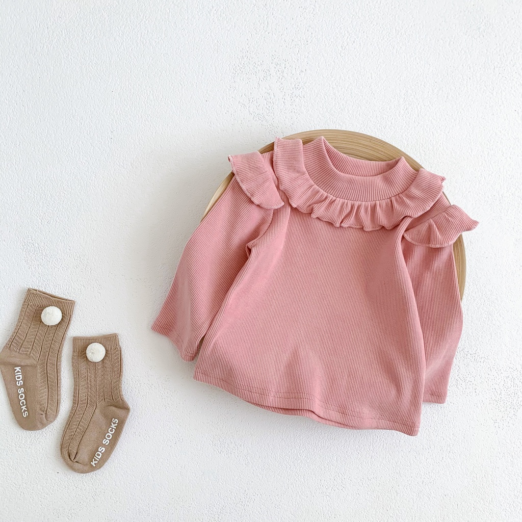 Áo Cotton Tay Dài Phối Ren Màu Kẹo Dễ Thương Phong Cách Hàn Quốc Thời Trang Mùa Đông Cho Bé Gái