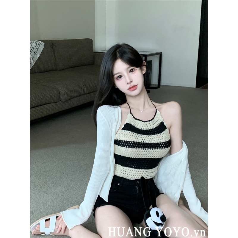 HUANG YOYO Áo Hai Dây Dáng Ôm Họa Tiết Kẻ Sọc Thời Trang Mùa Hè Hàn Quốc Cho Nữ