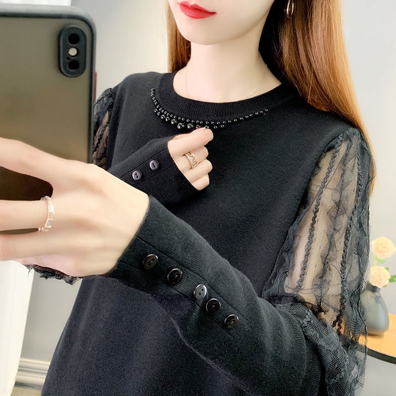 Áo Sweater Dệt Kim Mỏng Chui Đầu Phối Ren Đính Hạt Kiểu Phương Tây Thời Trang Xuân Thu 2022 Mới Cho Nữ