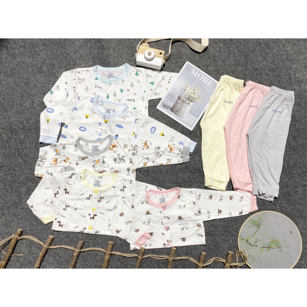 Bộ dài tay UNCHI chất peptit mầu , cúc giữa , quần áo cho bé Babykisshop