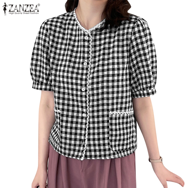 Zanzea Áo Sơ Mi Ngắn Tay Cổ V Họa Tiết Ca Rô Phong Cách Hàn Quốc Dành Cho Nữ