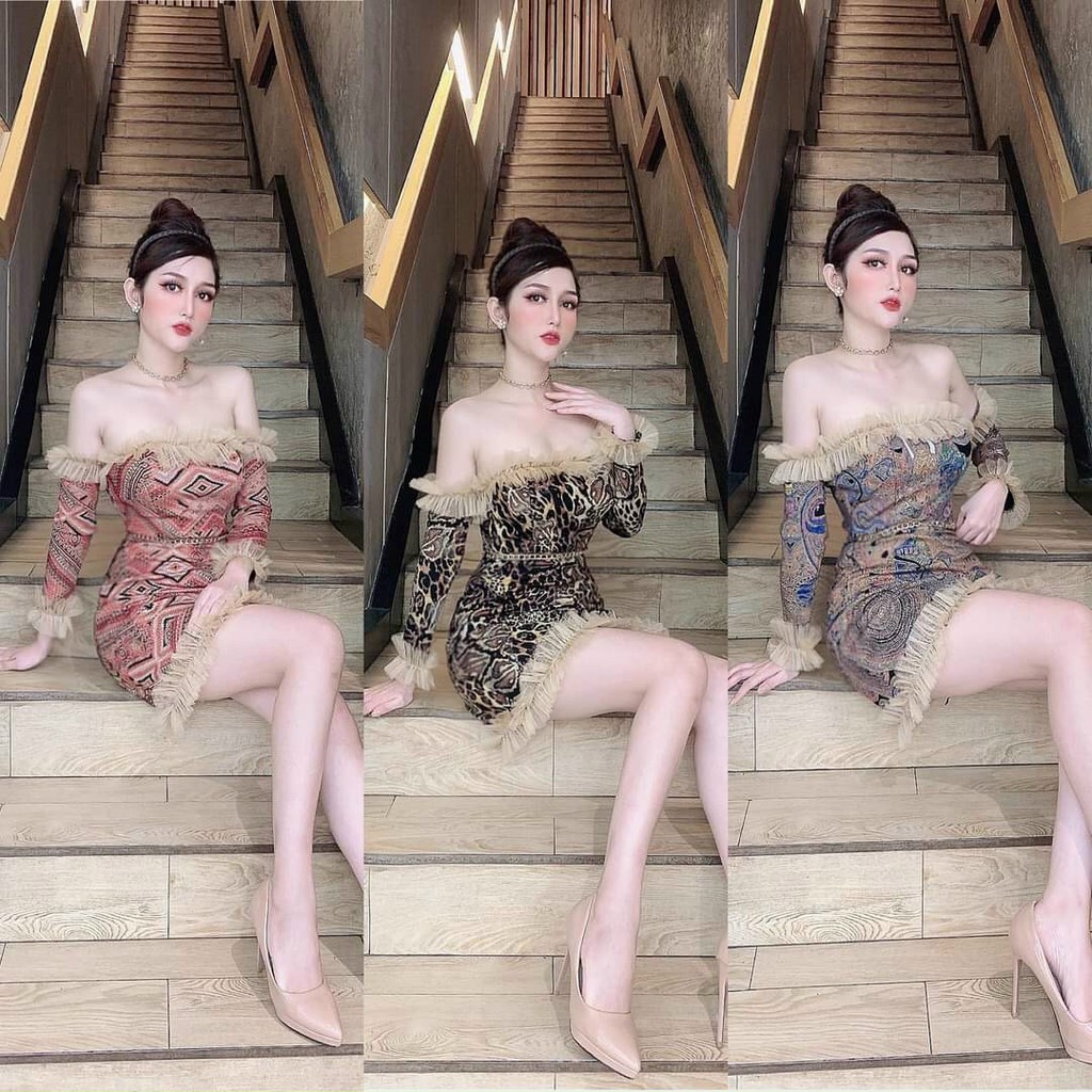 Đầm body trễ vai phối bèo họa tiết thổ cẩm