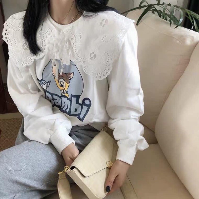 Áo Nỉ Bông Nữ Cổ Ren - Áo Nỉ Bông Bambi- Áo nữ hoạt hình | BigBuy360 - bigbuy360.vn