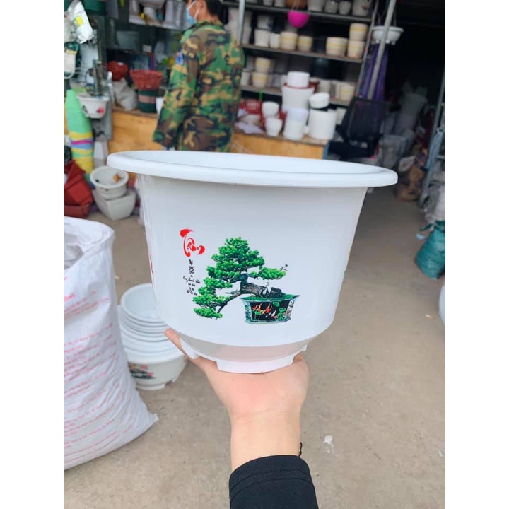 (32x21cm) Chậu nhựa tròn đứng có chân in họa tiết 3D loại dày bền, đẹp sắc nét
