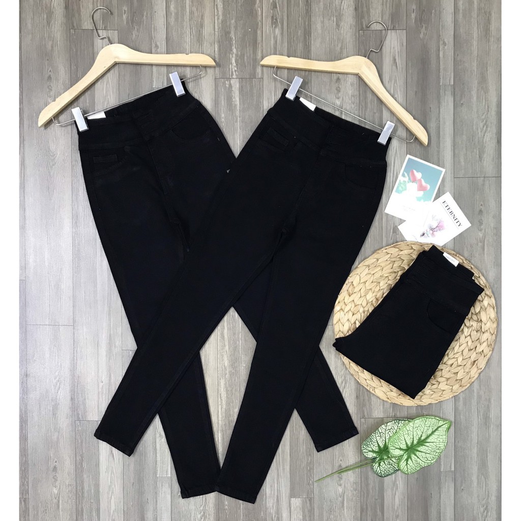 Quần jean dài nữ lưng siêu cao 2 nút màu đen có size đại