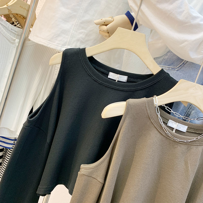 good- Women's Long Sleeve Crank Hollow Monochrome Autumn New Style Korean Fashion Top