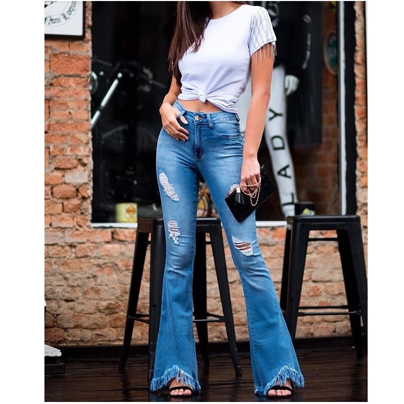 Quần Jeans Nữ Ống Loe Lưng Cao Xẻ Rách Plus Size