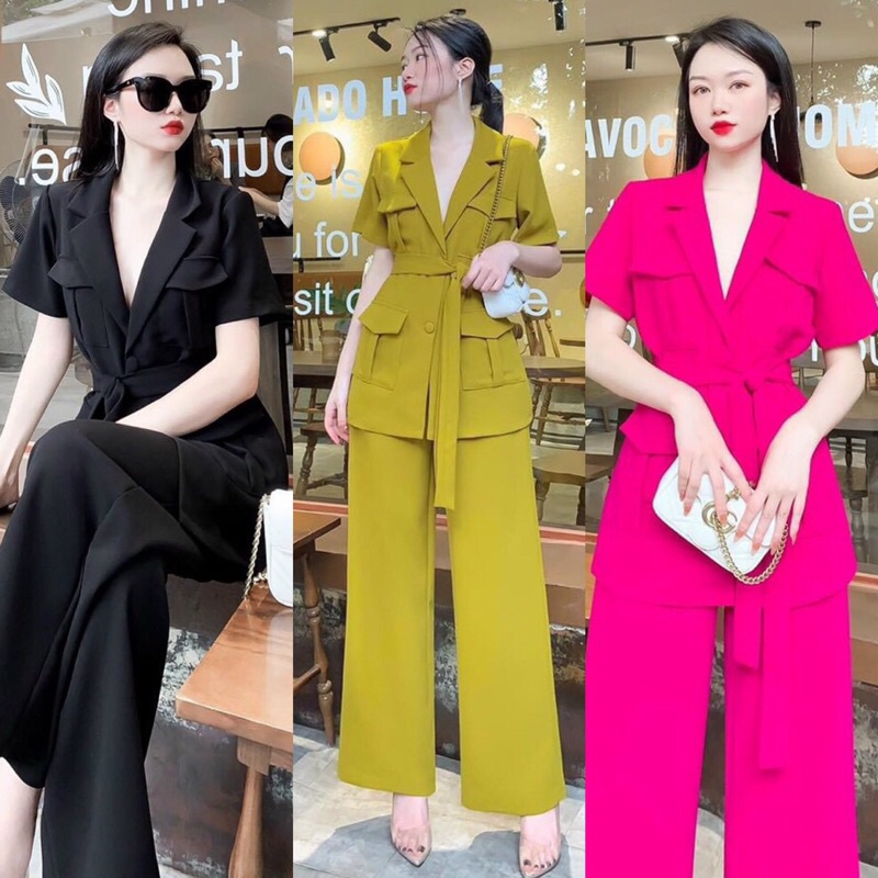 Set áo kiểu vest cột nơ eo tay con + quần dài ống suông