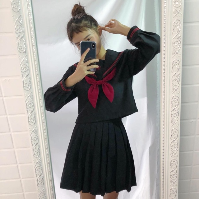 YAS0259-Áo + váy thủy thủ đồng phục học sinh Nhật Bản thêu sáu cánh